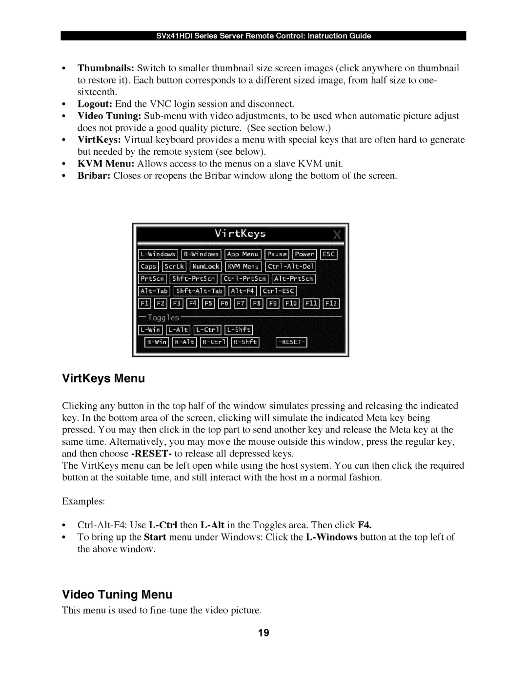 StarTech.com SV441HDI, SV1641HDI, SV841HDI manual VirtKeys Menu, Video Tuning Menu 