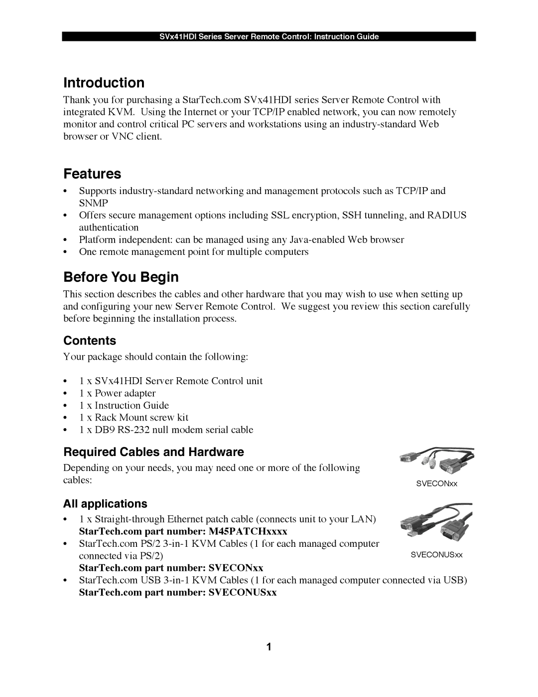 StarTech.com SV441HDI, SV1641HDI, SV841HDI Introduction Features, Before You Begin, Contents, Required Cables and Hardware 