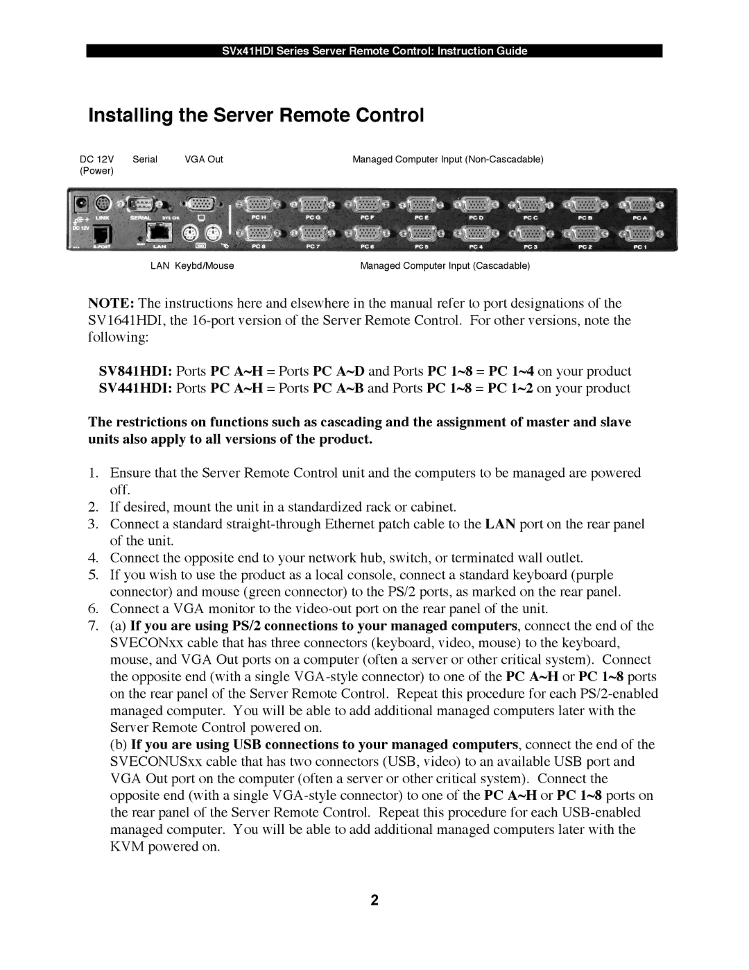 StarTech.com SV841HDI, SV1641HDI, SV441HDI manual Installing the Server Remote Control 