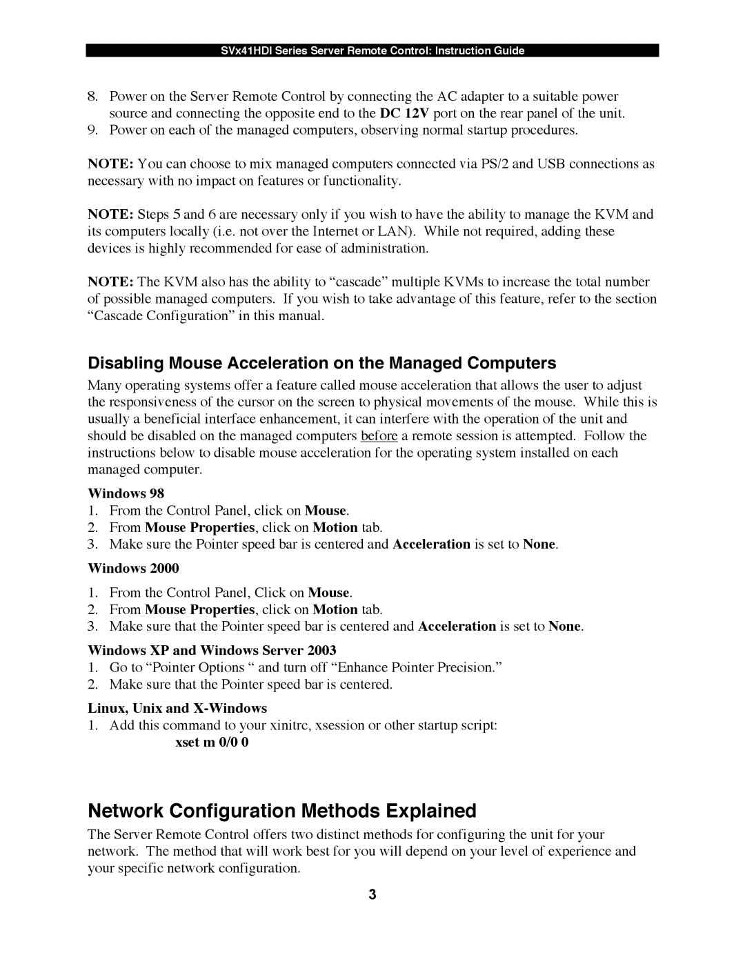 StarTech.com SV1641HDI Network Configuration Methods Explained, Disabling Mouse Acceleration on the Managed Computers 