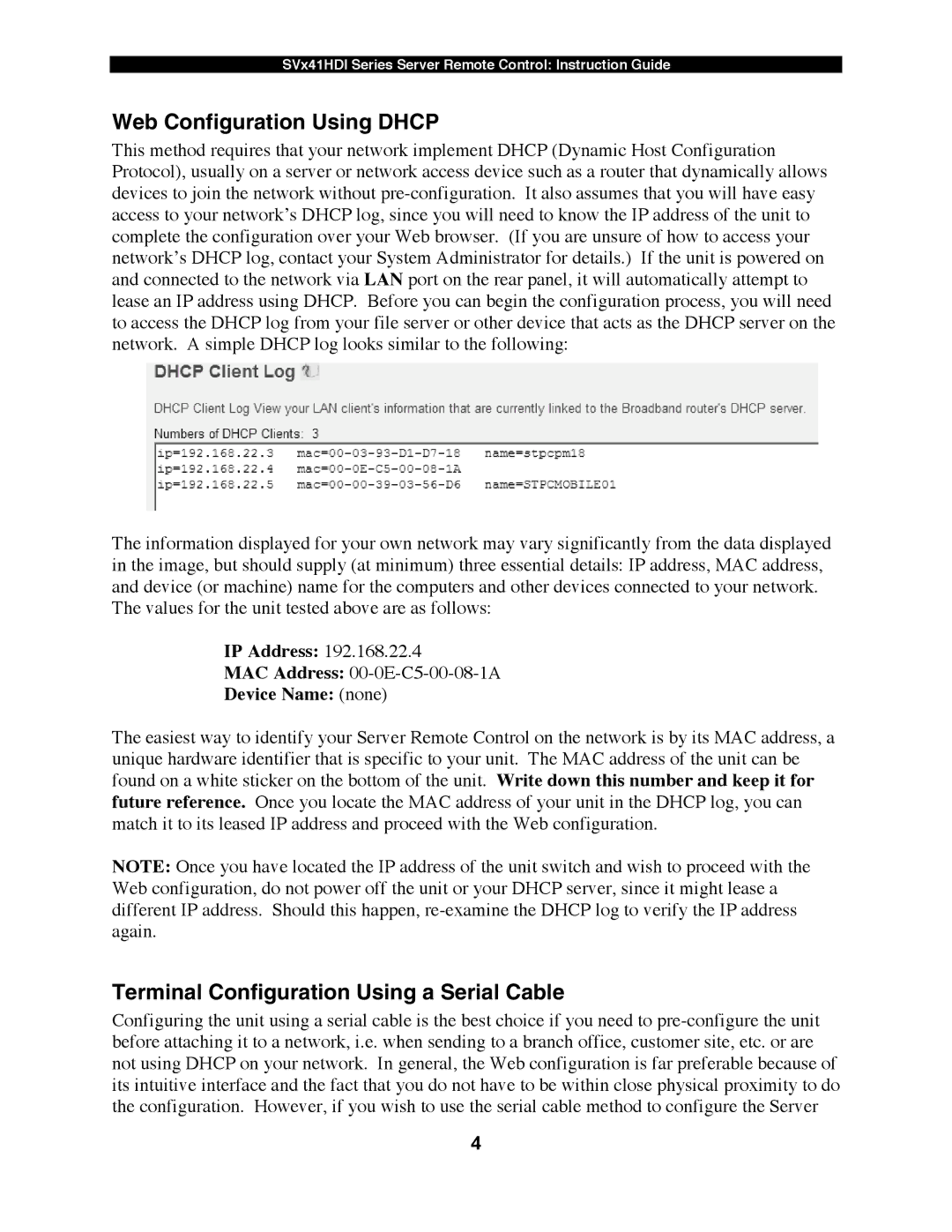 StarTech.com SV441HDI, SV1641HDI Web Configuration Using Dhcp, Terminal Configuration Using a Serial Cable, IP Address 