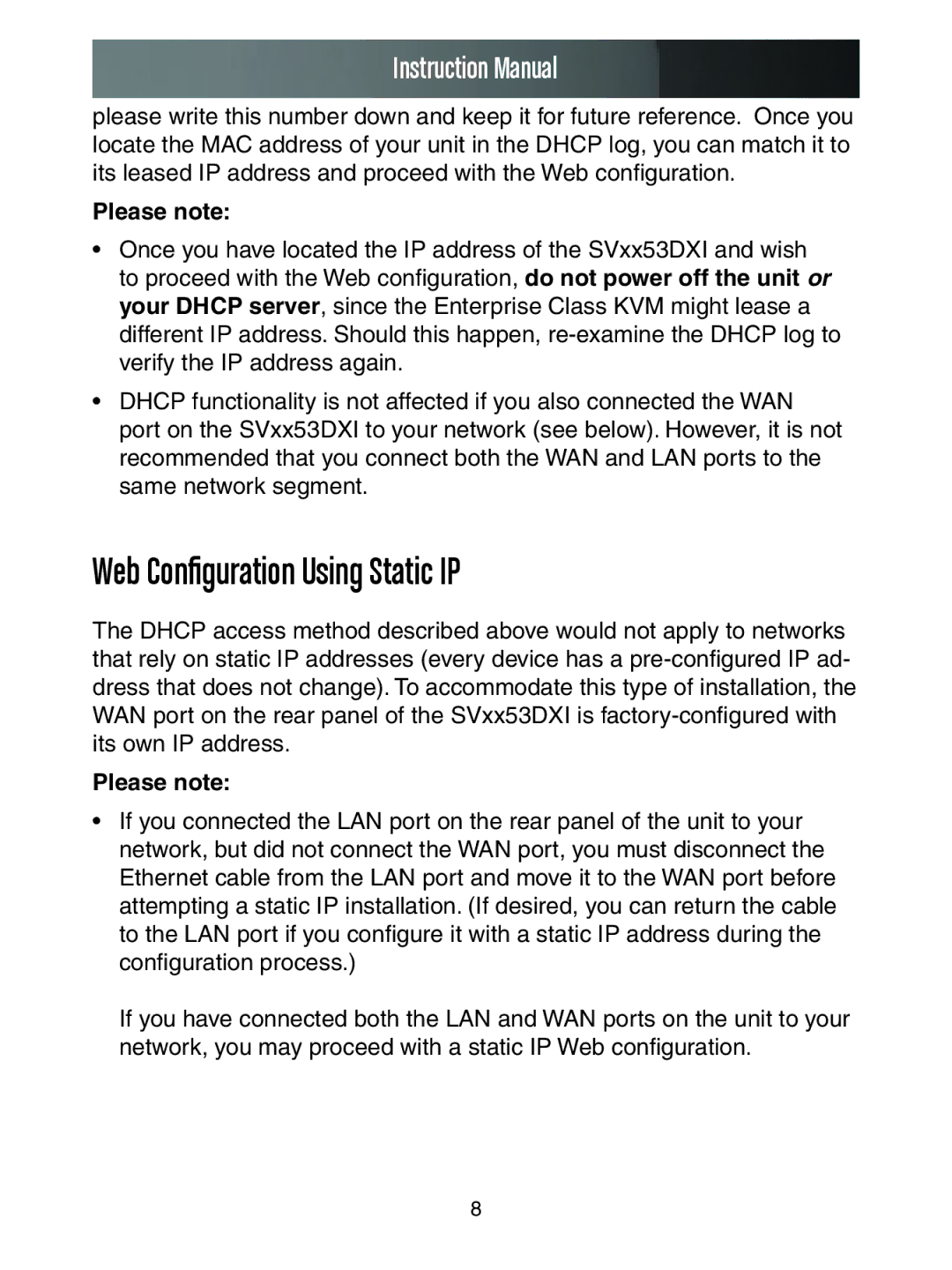 StarTech.com SV3253DXI, SV1653DXI manual Web Configuration Using Static IP, Please note 