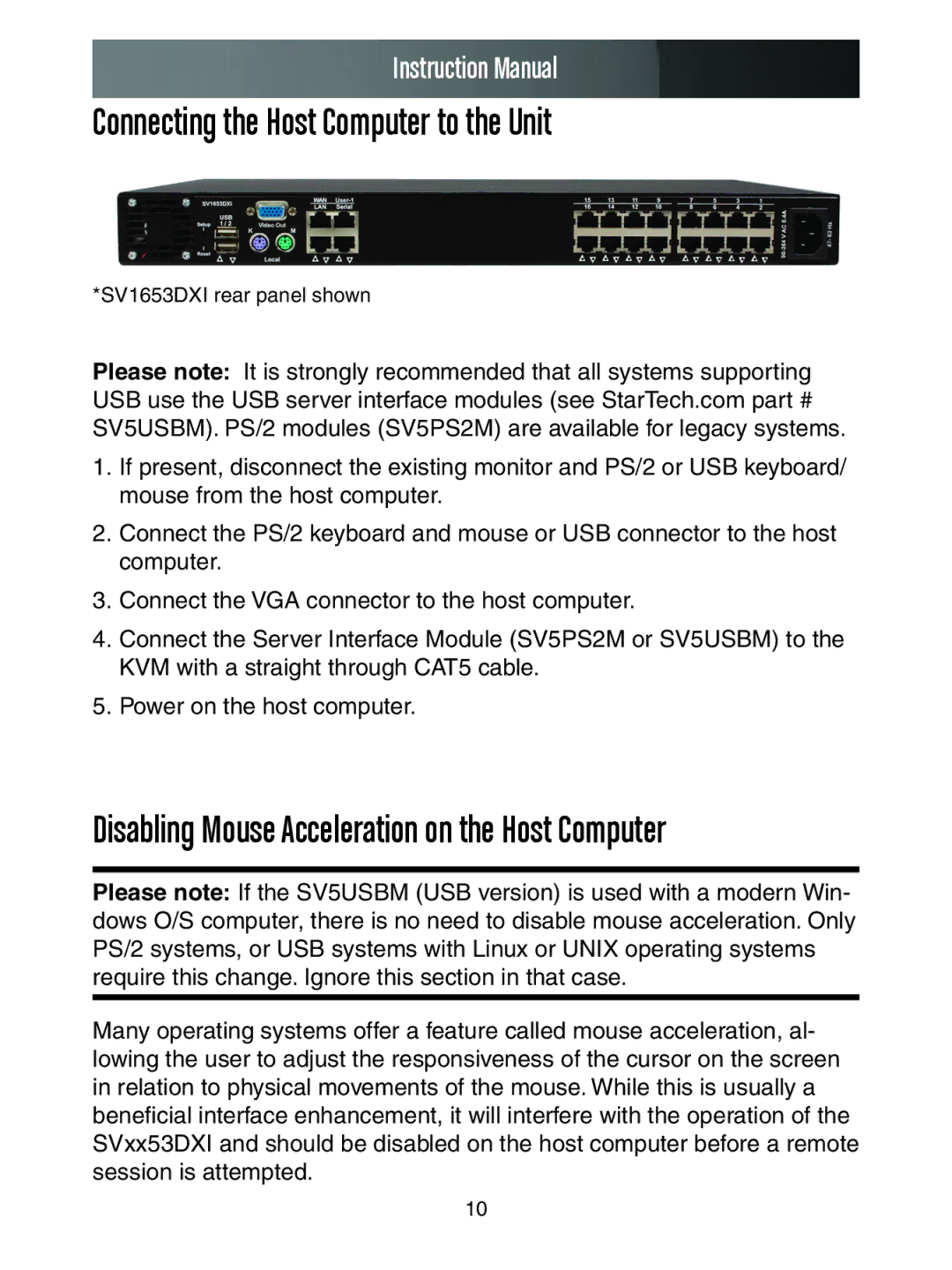 StarTech.com SV3253DXI manual Connecting the Host Computer to the Unit, Disabling Mouse Acceleration on the Host Computer 