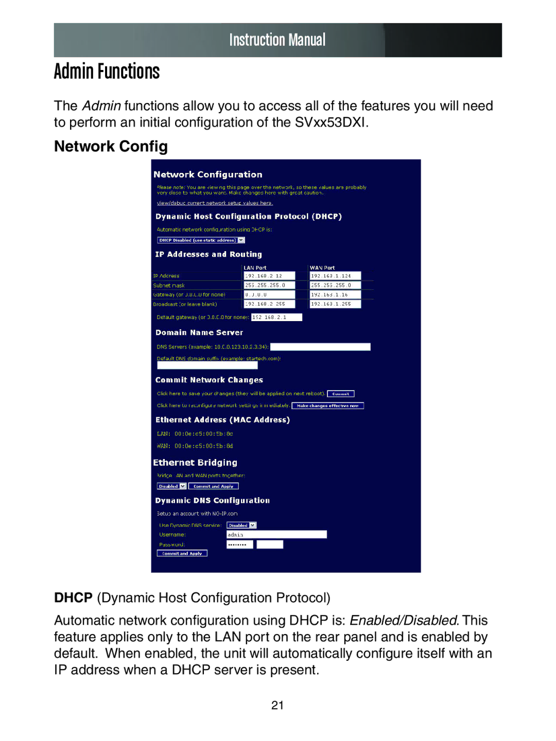 StarTech.com SV1653DXI, SV3253DXI manual Admin Functions, Network Config 