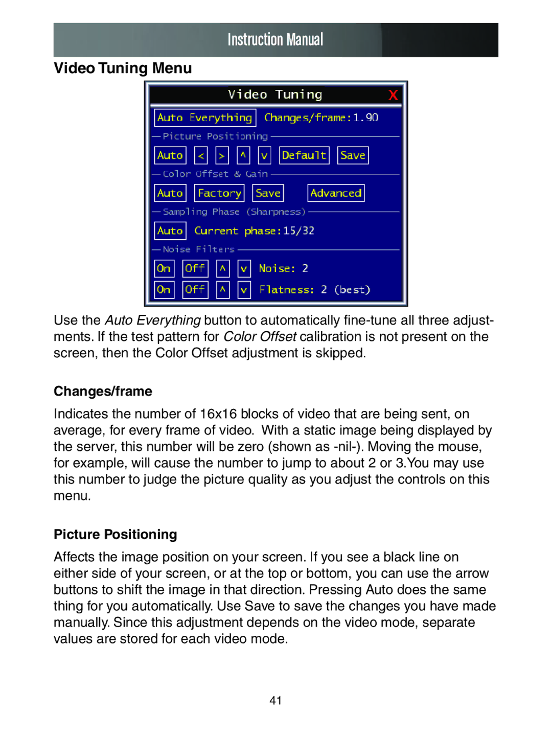 StarTech.com SV1653DXI, SV3253DXI manual Video Tuning Menu, Changes/frame, Picture Positioning 