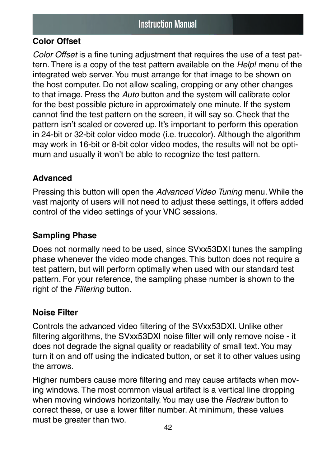 StarTech.com SV3253DXI, SV1653DXI manual Color Offset, Advanced, Sampling Phase, Noise Filter 