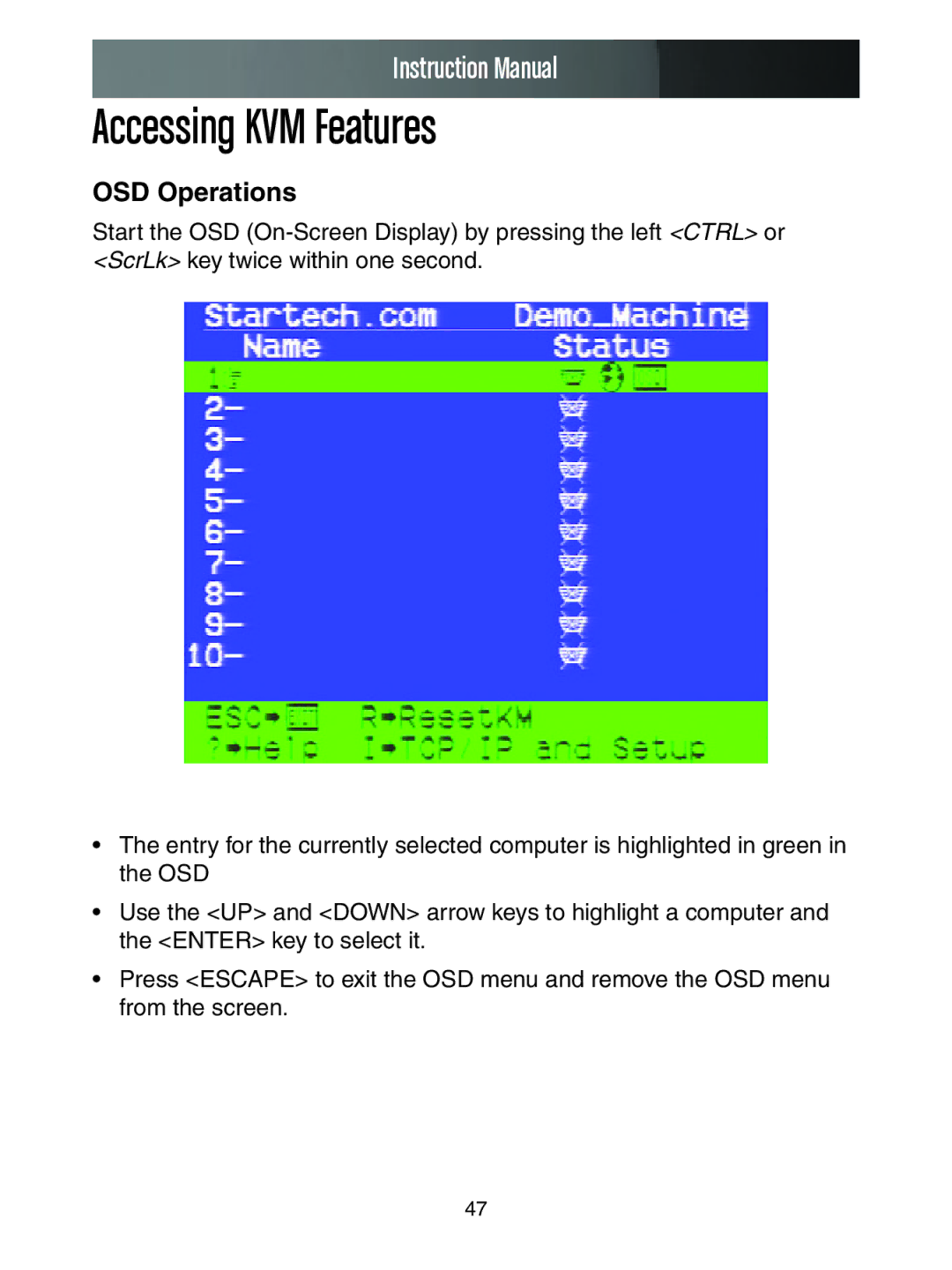 StarTech.com SV1653DXI, SV3253DXI manual Accessing KVM Features, OSD Operations 