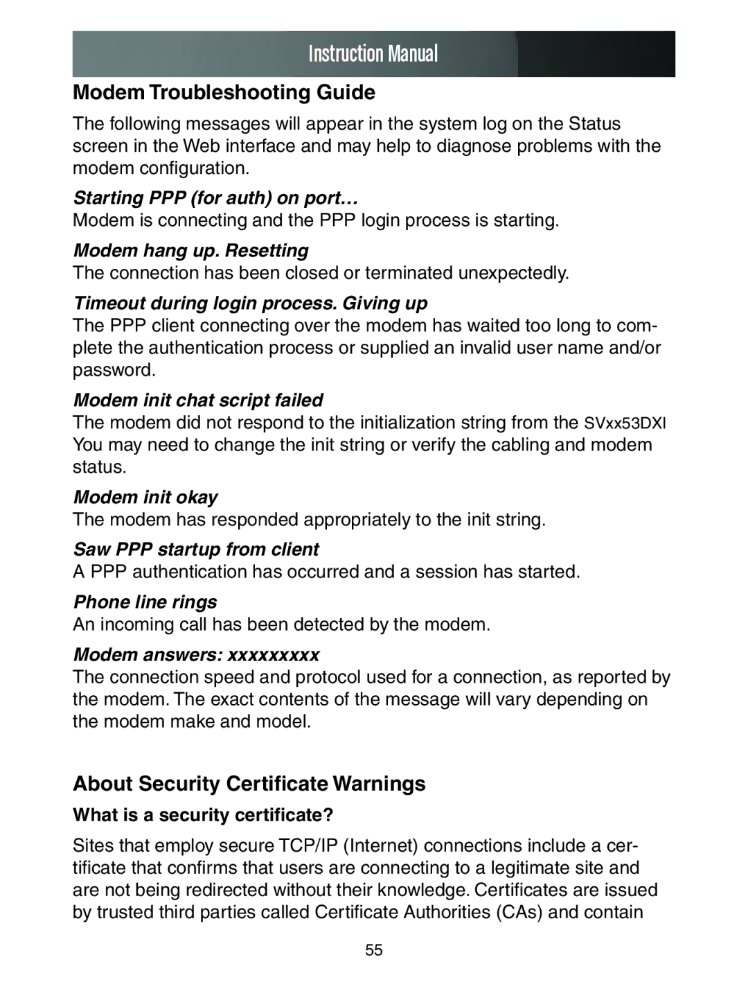 StarTech.com SV1653DXI Modem Troubleshooting Guide, About Security Certificate Warnings, What is a security certificate? 