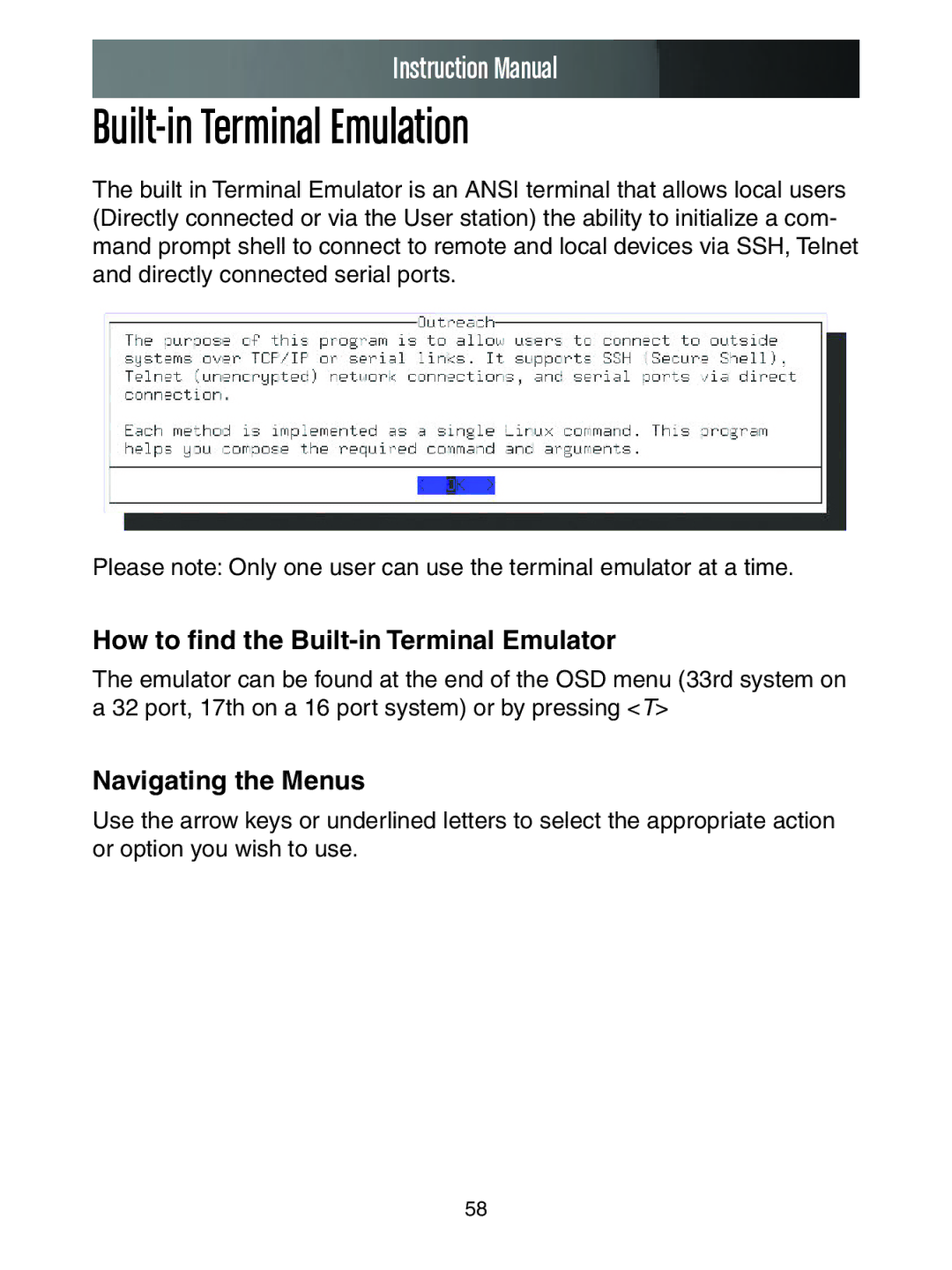 StarTech.com SV3253DXI manual Built-in Terminal Emulation, How to find the Built-in Terminal Emulator, Navigating the Menus 