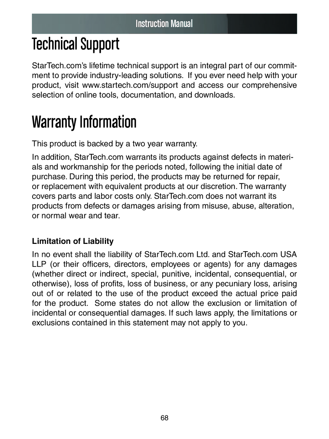 StarTech.com SV3253DXI, SV1653DXI manual Technical Support Warranty Information, Limitation of Liability 