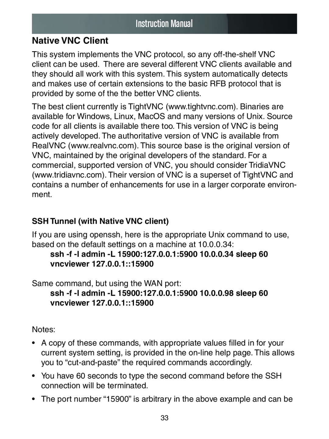 StarTech.com SV1653DXI, SV3253DXI manual Native VNC Client, SSH Tunnel with Native VNC client, Instruction Manual 
