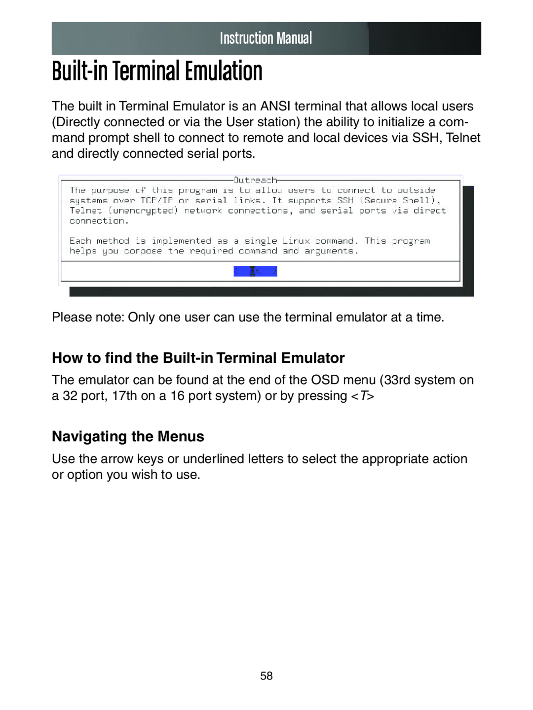 StarTech.com SV3253DXI manual Built-in Terminal Emulation, How to find the Built-in Terminal Emulator, Navigating the Menus 