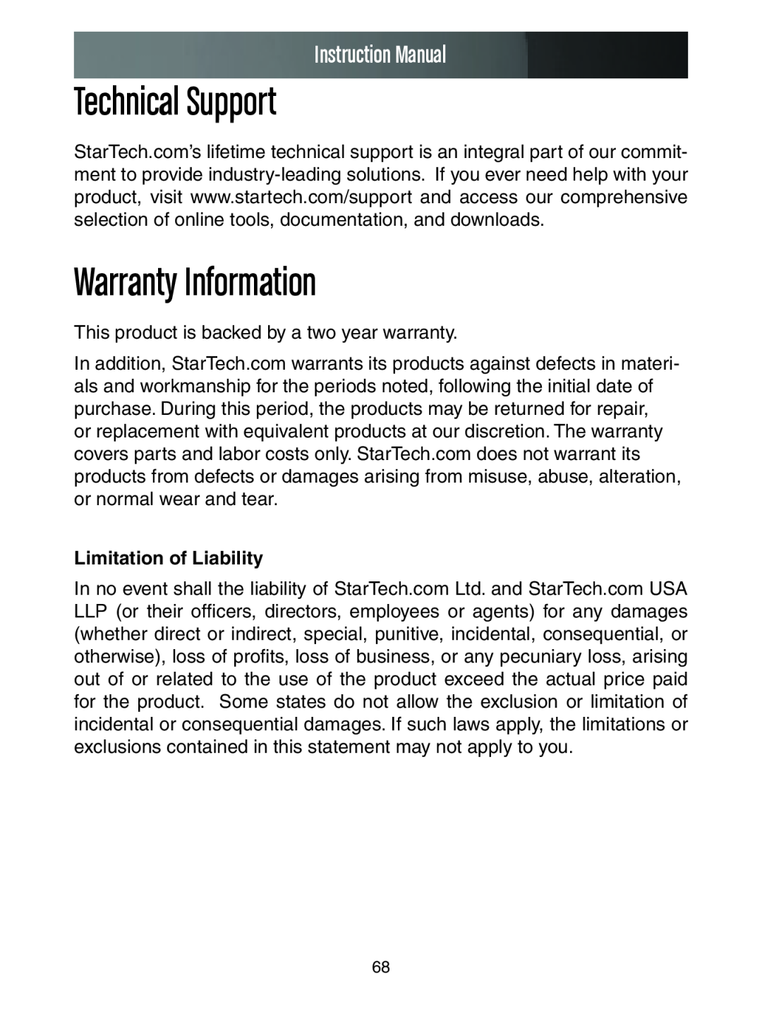StarTech.com SV3253DXI, SV1653DXI Technical Support, Warranty Information, Limitation of Liability, Instruction Manual 