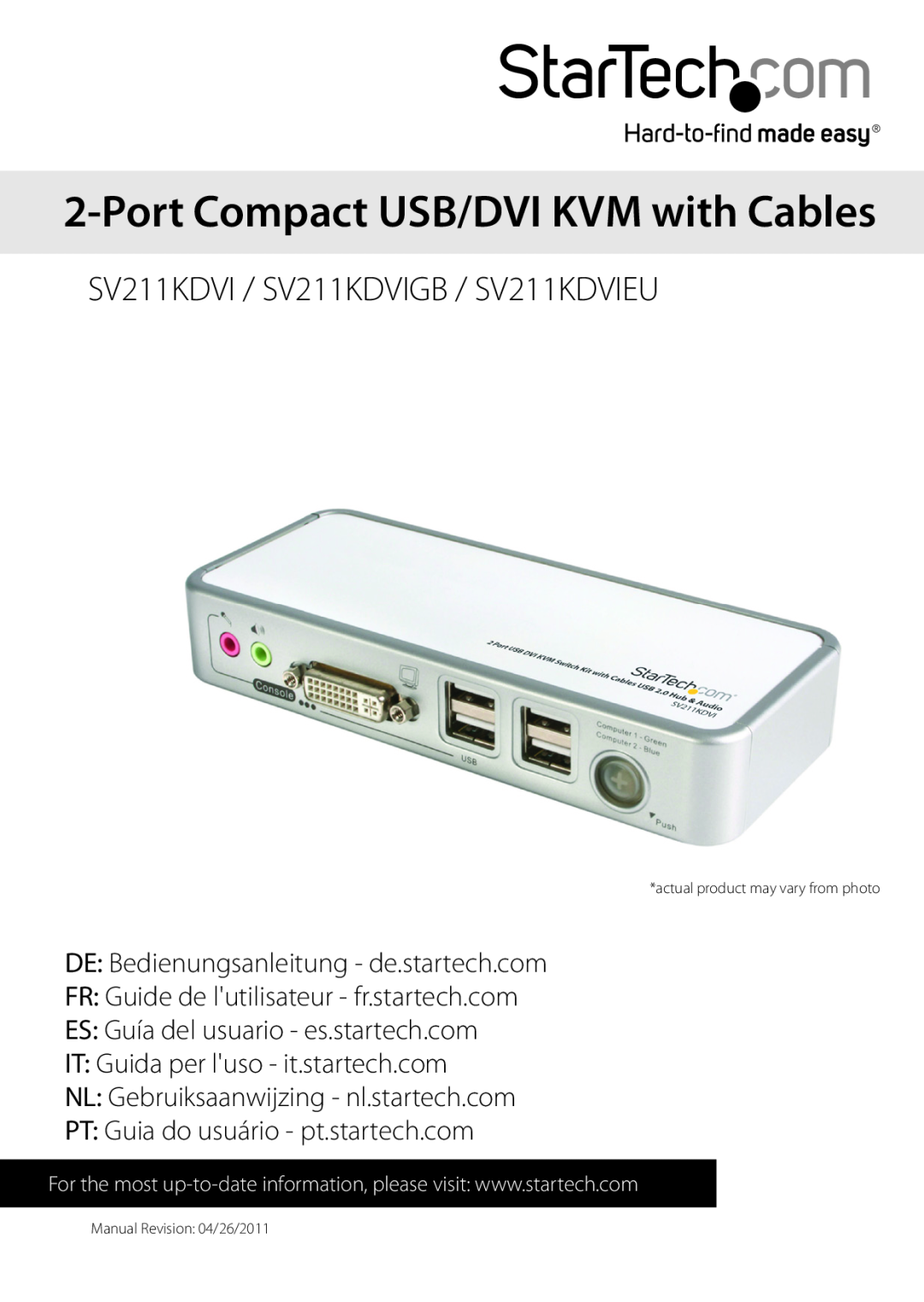 StarTech.com manual Port Compact USB/DVI KVM with Cables, SV211KDVI / SV211KDVIGB / SV211KDVIEU 
