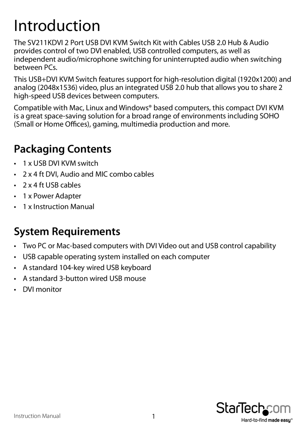 StarTech.com SV211KDVIEU, SV211KDVIGB manual Introduction, Packaging Contents, System Requirements 