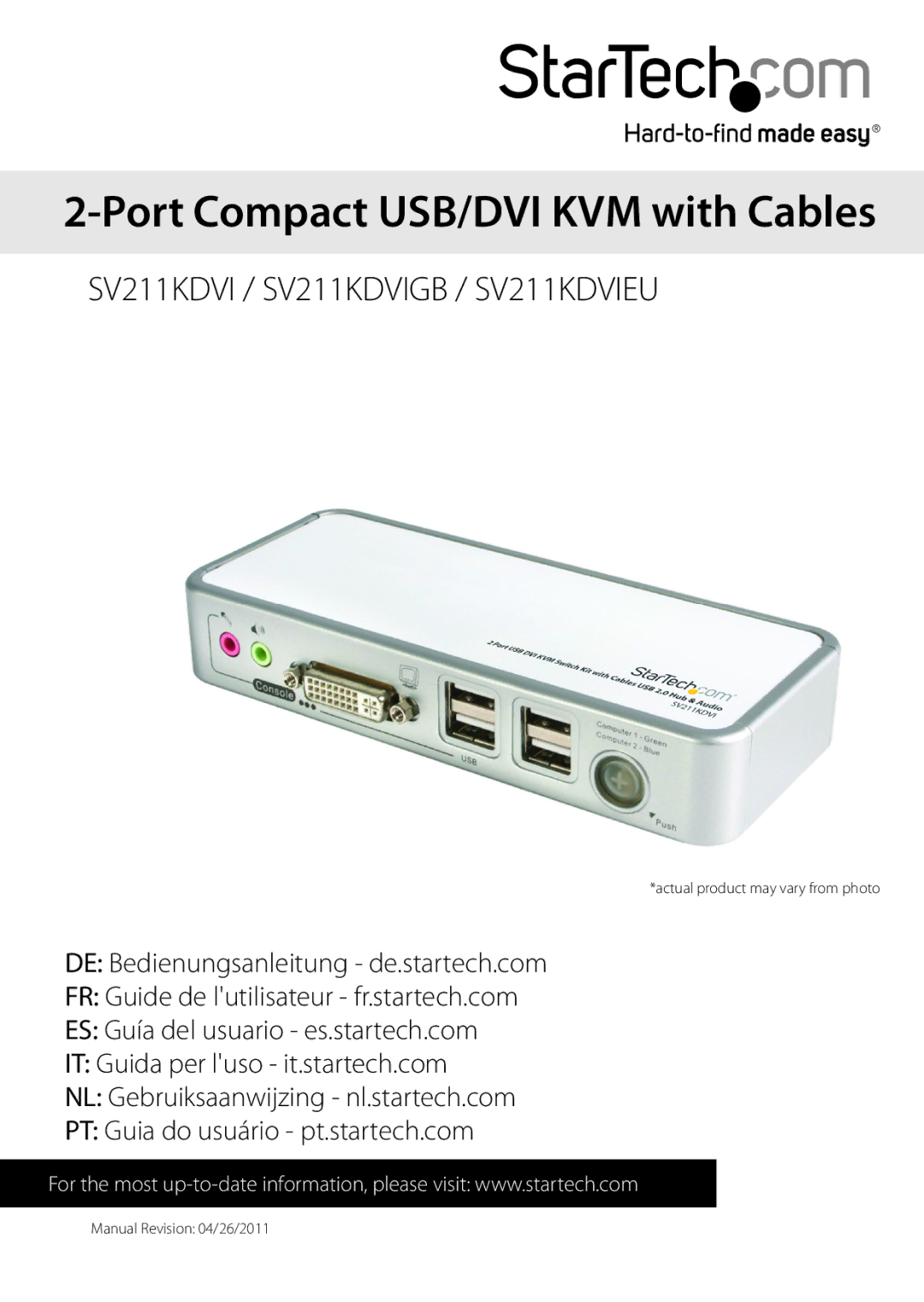 StarTech.com SV211KDVIEU, SV211KDVIGB manual Port Compact USB/DVI KVM with Cables 