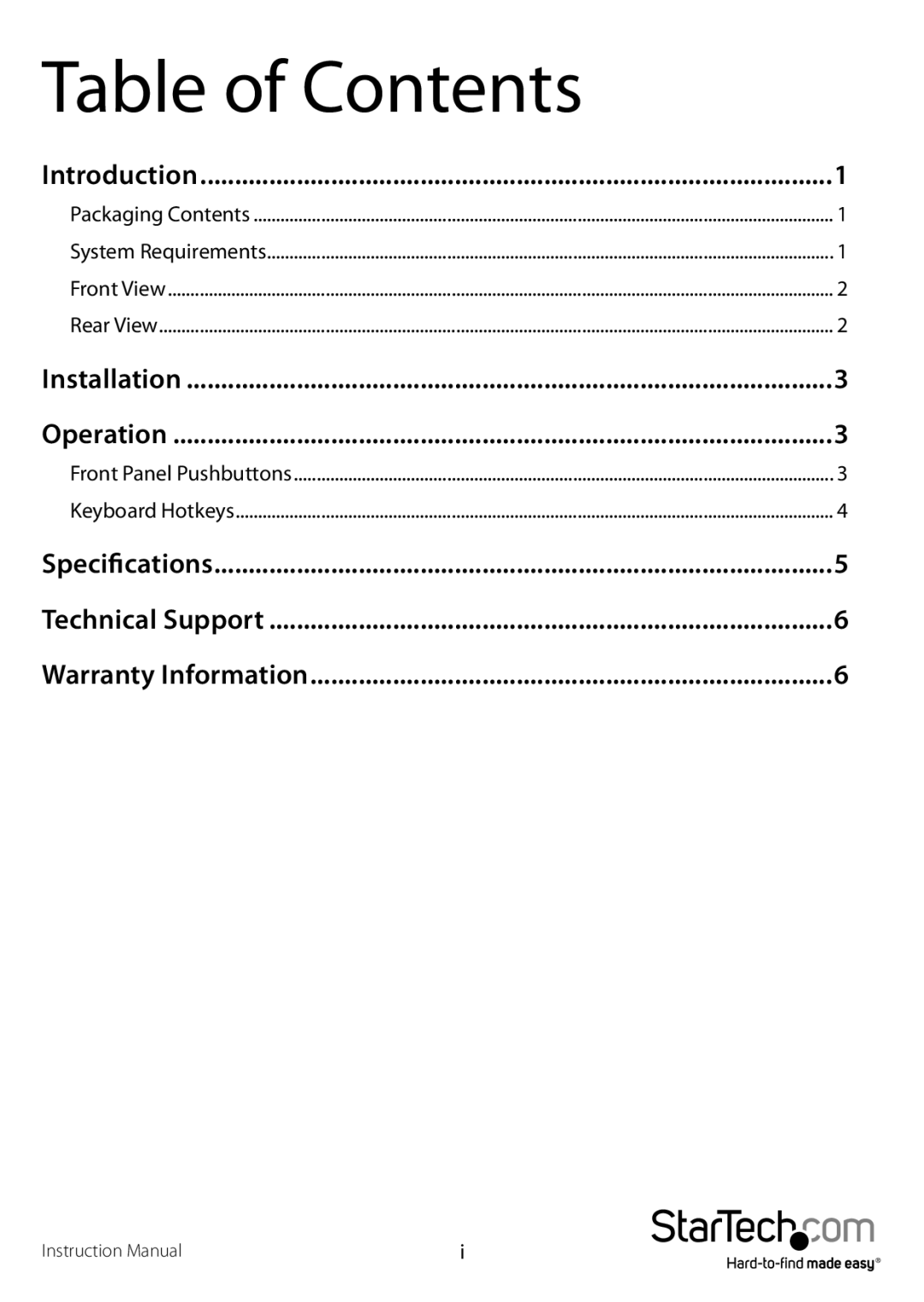 StarTech.com SV211KDVIEU, SV211KDVIGB manual Table of Contents 