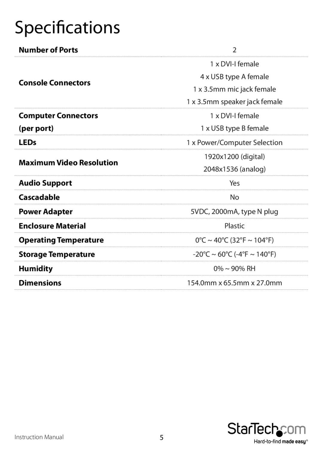 StarTech.com SV211KDVIGB, SV211KDVIEU manual Specifications 