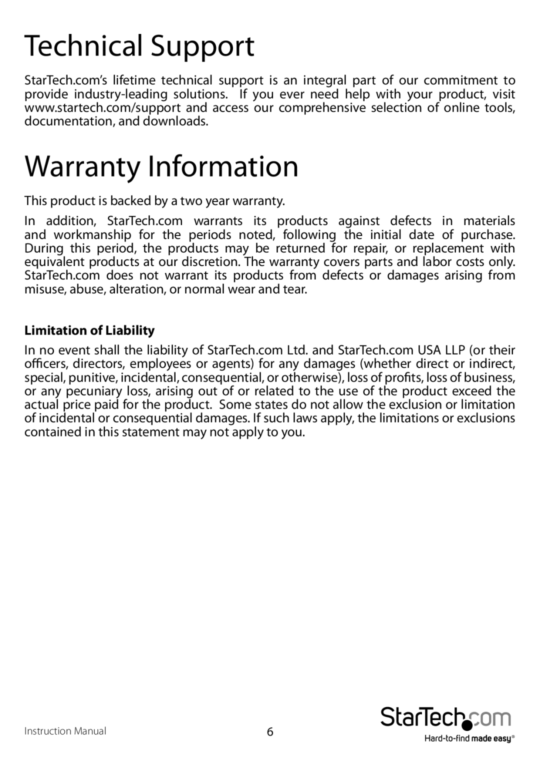 StarTech.com SV211KDVIEU, SV211KDVIGB manual Technical Support Warranty Information 