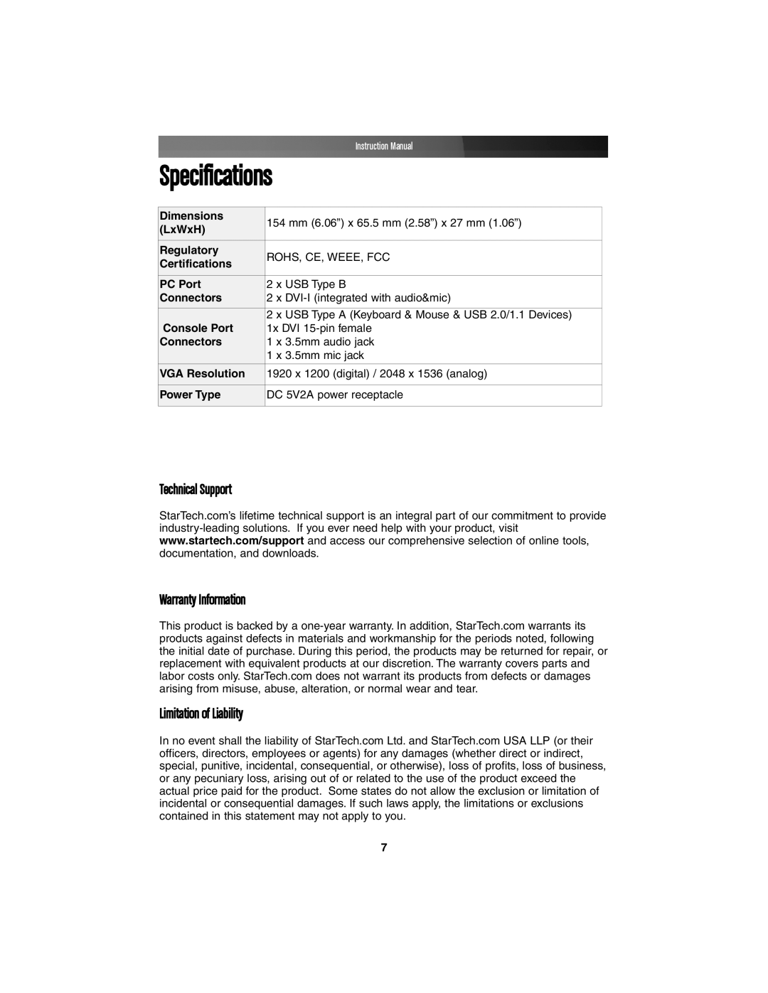 StarTech.com SV211KDVI instruction manual Specifications 