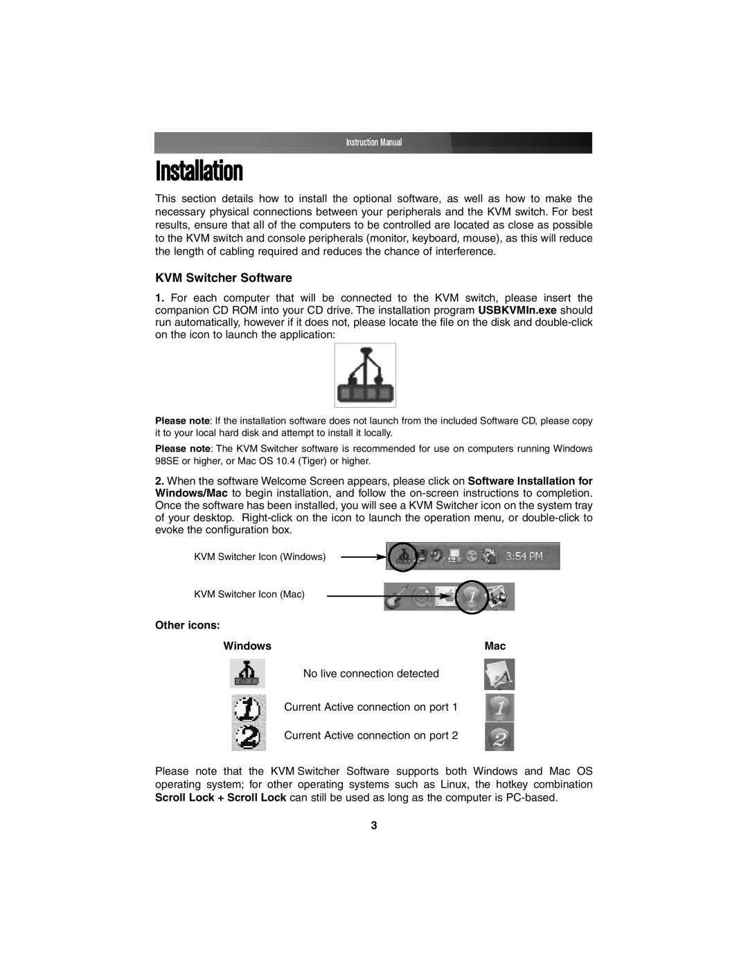 StarTech.com SV211KDVI instruction manual Installation, KVM Switcher Software, Other icons Windows 