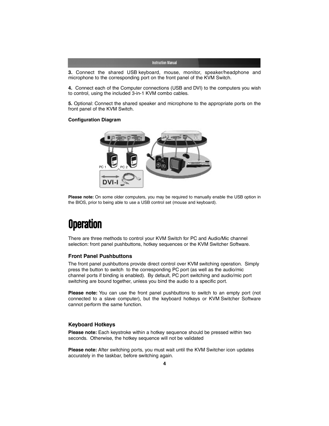 StarTech.com SV211KDVI instruction manual Operation, Front Panel Pushbuttons, Keyboard Hotkeys, Configuration Diagram 