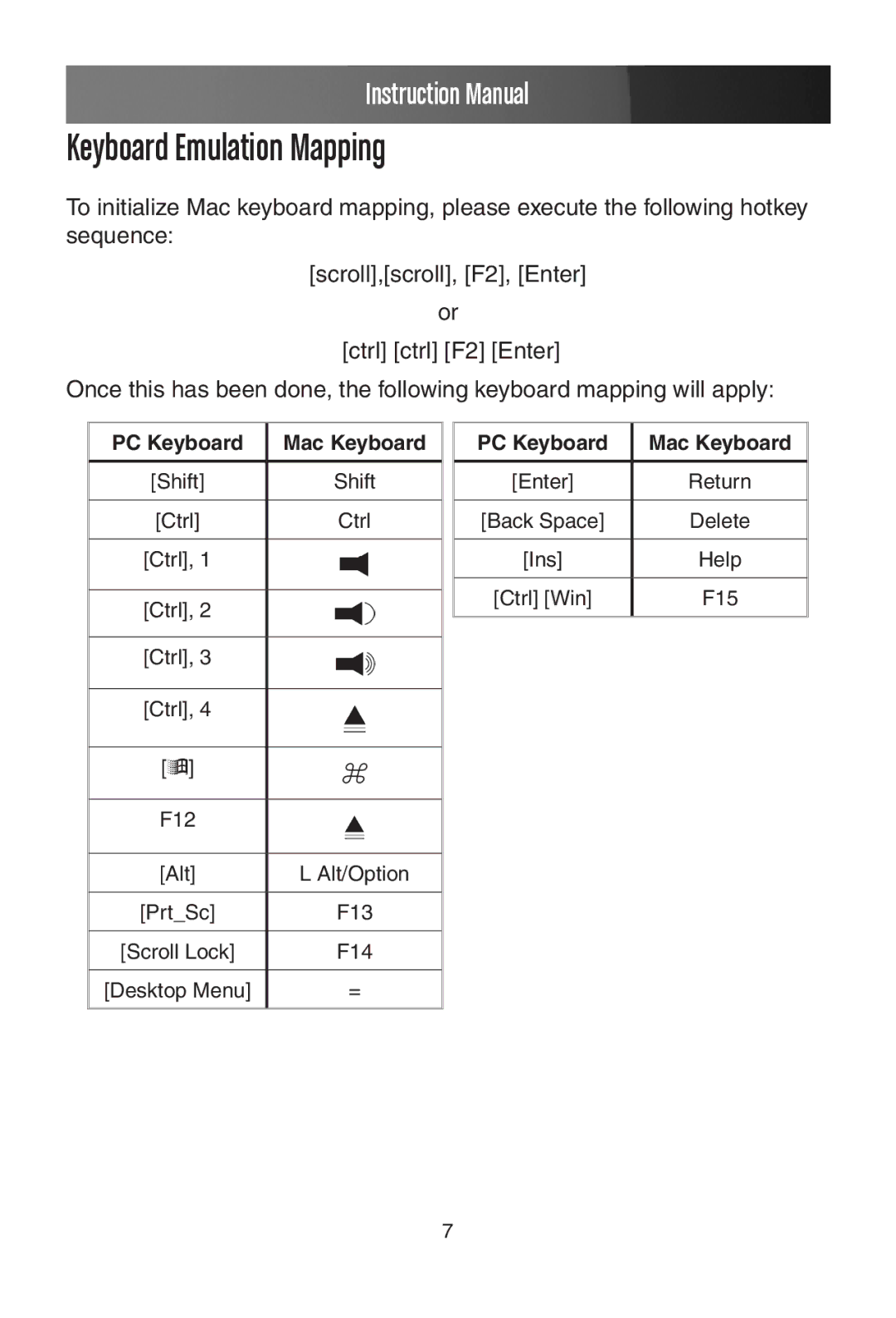 StarTech.com SV215MICUSBA manual Keyboard Emulation Mapping, PC Keyboard Mac Keyboard 