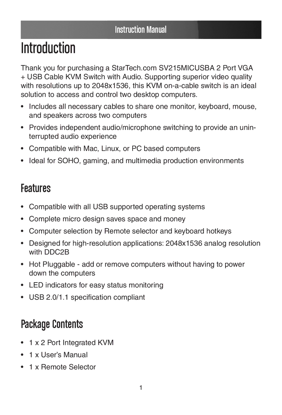 StarTech.com SV215MICUSBA manual Introduction, Features, Package Contents 