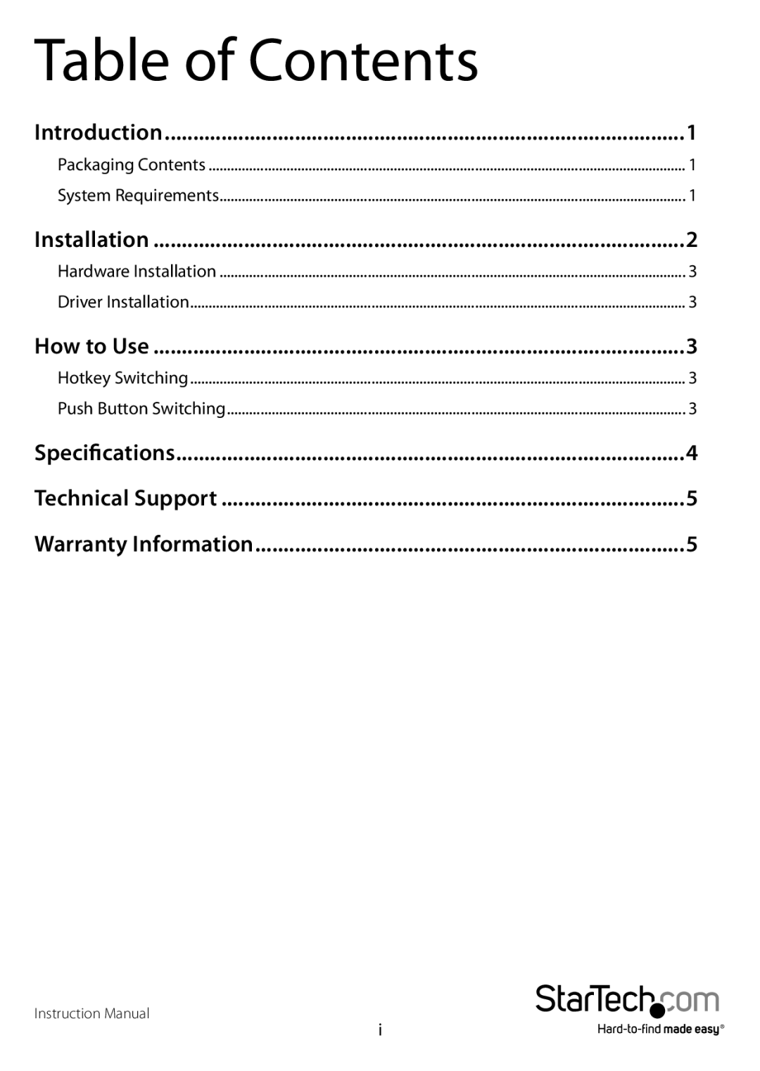 StarTech.com SV221NANOU manual Table of Contents 