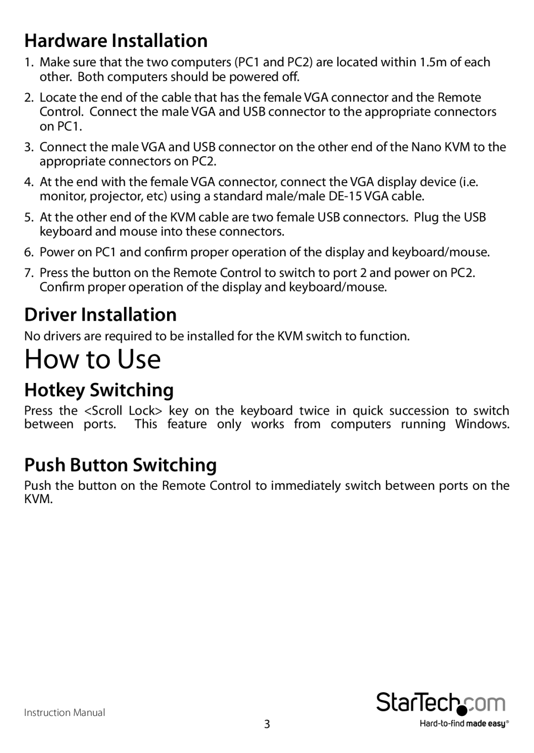 StarTech.com SV221NANOU manual How to Use, Hardware Installation 