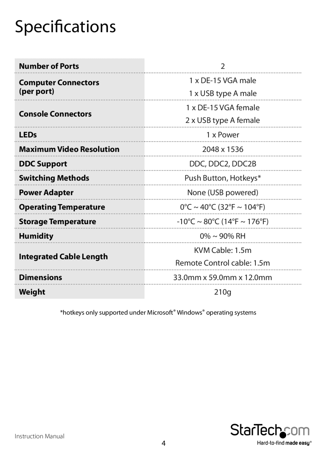 StarTech.com SV221NANOU manual Specifications 