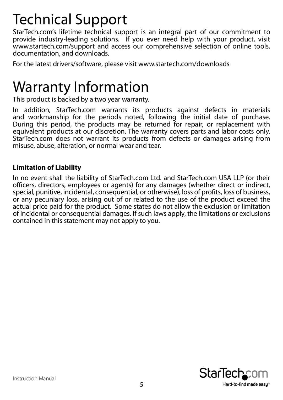 StarTech.com SV221NANOU manual Technical Support Warranty Information, Limitation of Liability 