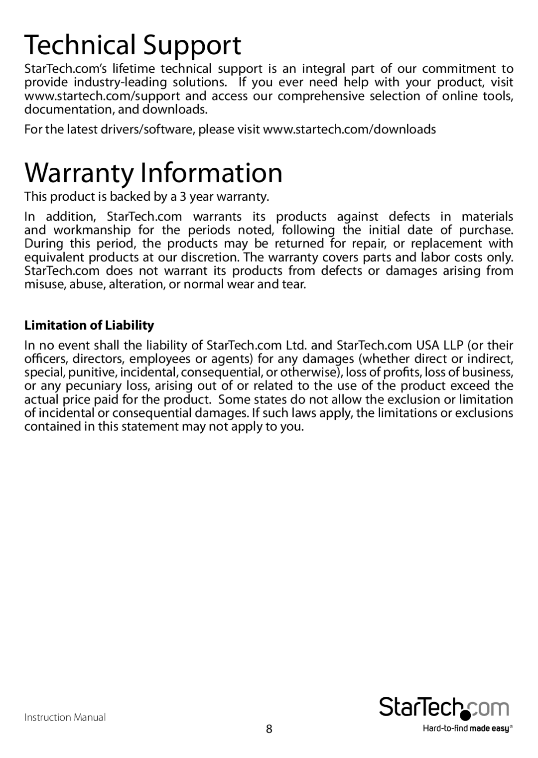 StarTech.com Sv231 manual Technical Support, Warranty Information, Limitation of Liability 
