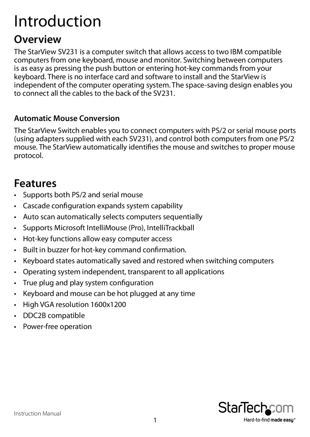 StarTech.com Sv231 manual Introduction, Overview, Features, Automatic Mouse Conversion 