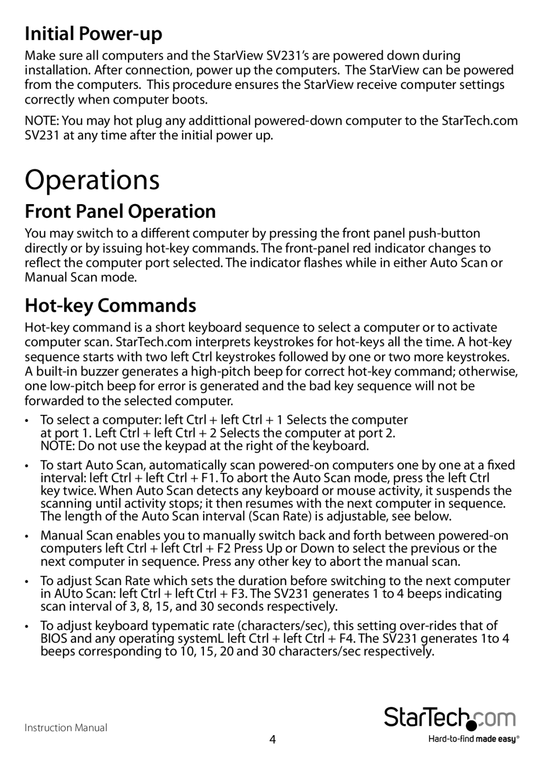 StarTech.com Sv231 manual Operations, Initial Power-up, Front Panel Operation, Hot-key Commands 
