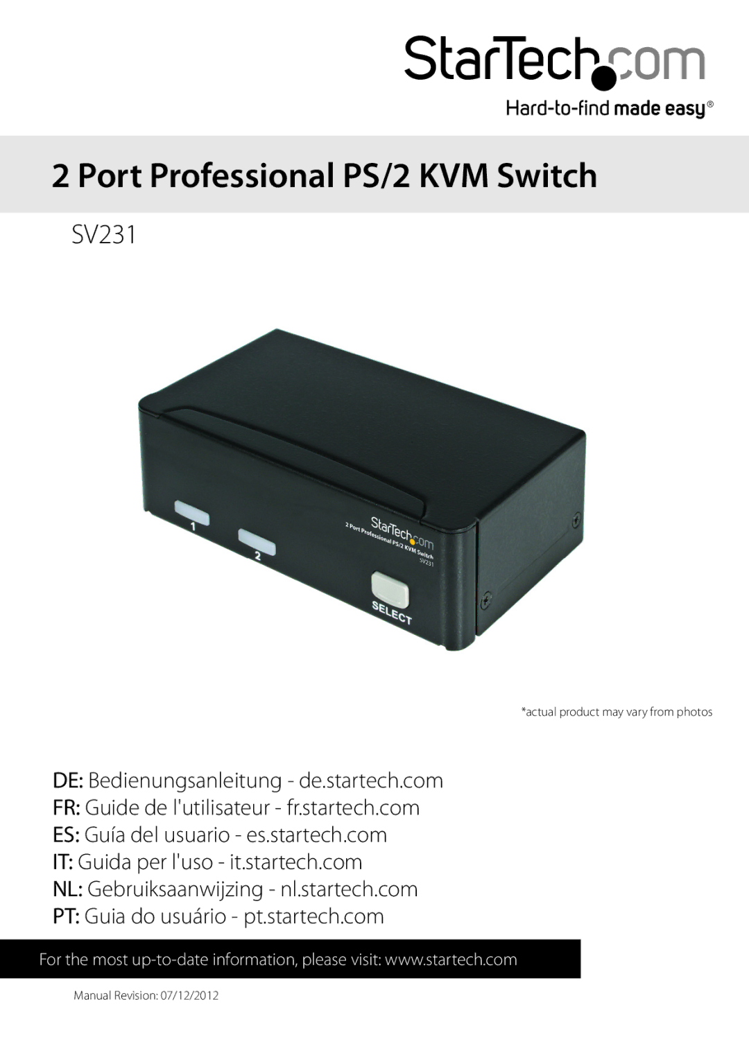 StarTech.com Sv231 manual Port Professional PS/2 KVM Switch 