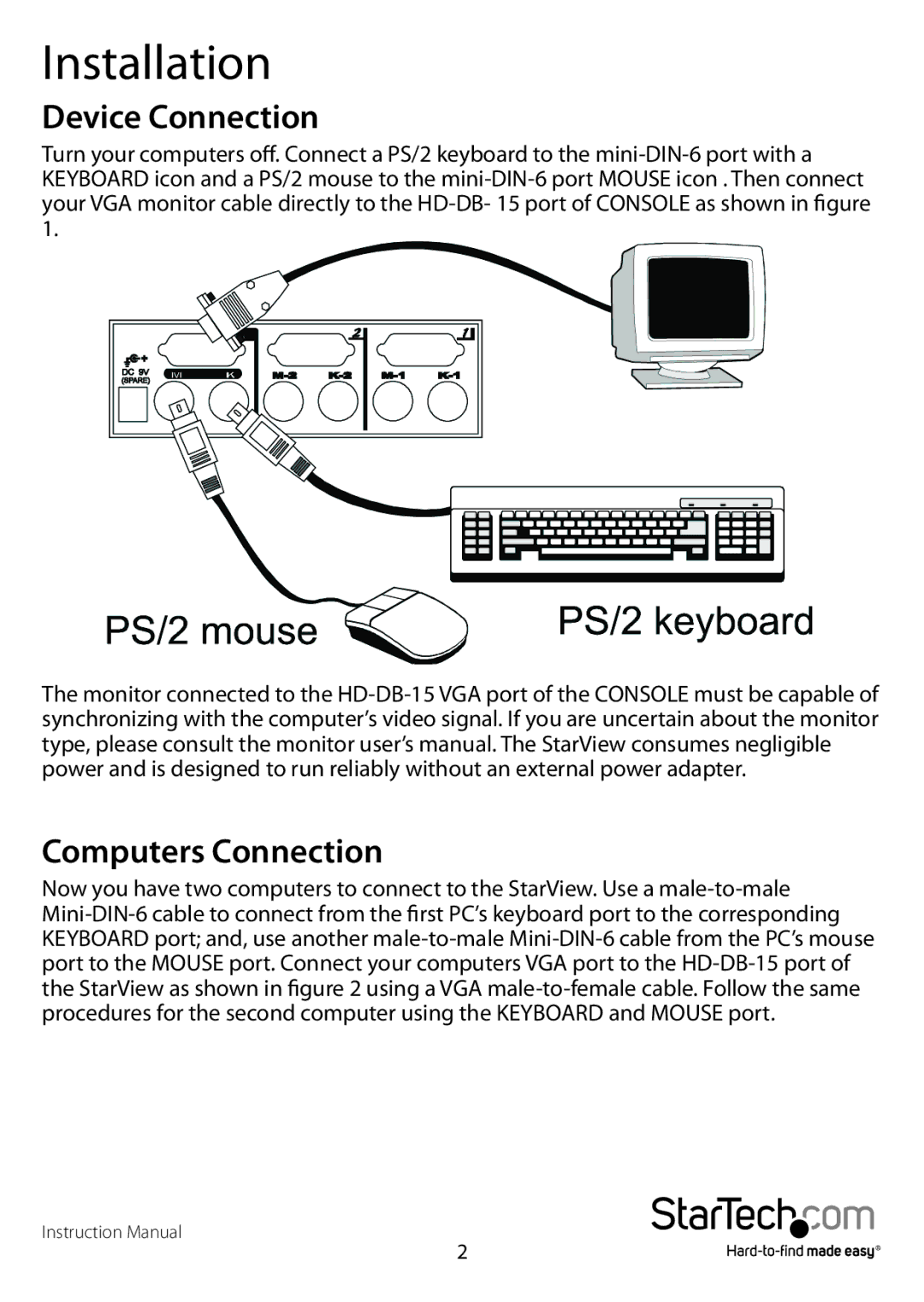 StarTech.com Sv231 manual Installation, Device Connection, Computers Connection 