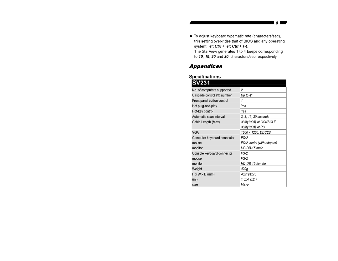 StarTech.com Sv231 user manual SV231, Specifications 