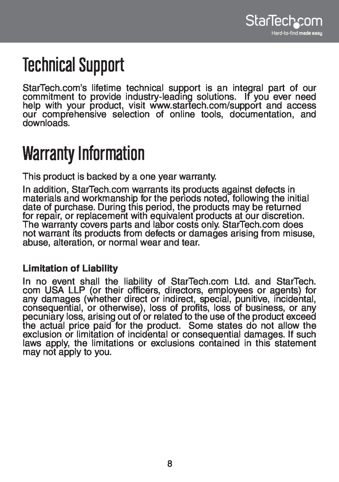 StarTech.com SV231UAF Technical Support, Warranty Information, This product is backed by a one year warranty 