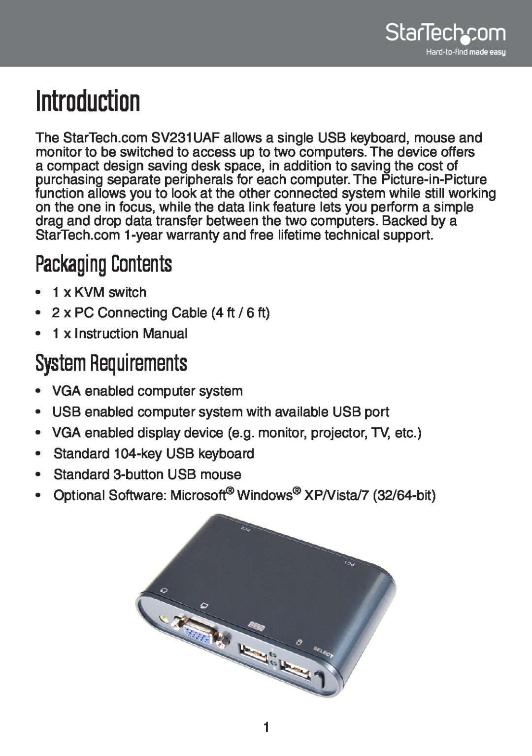 StarTech.com SV231UAF instruction manual Introduction, Packaging Contents, System Requirements 