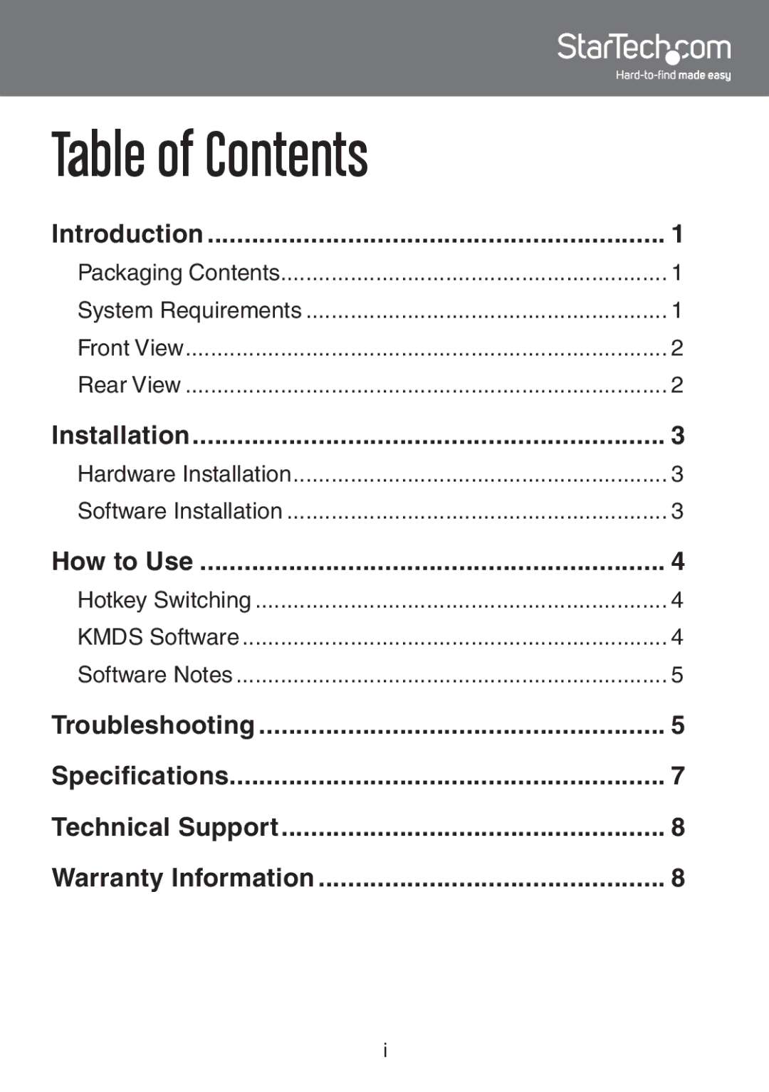 StarTech.com SV231UAF instruction manual Table of Contents 