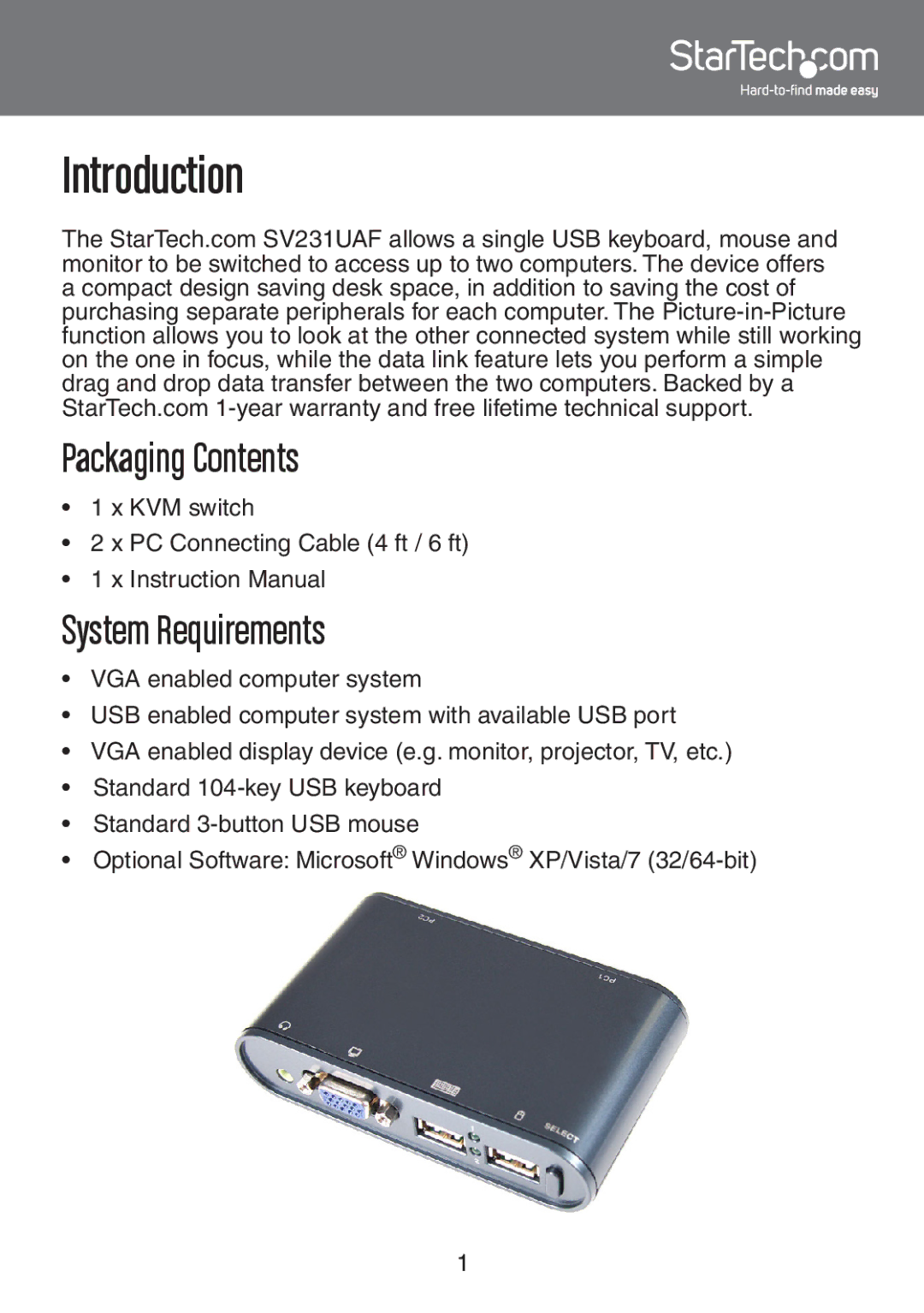 StarTech.com SV231UAF instruction manual Introduction, Packaging Contents, System Requirements 