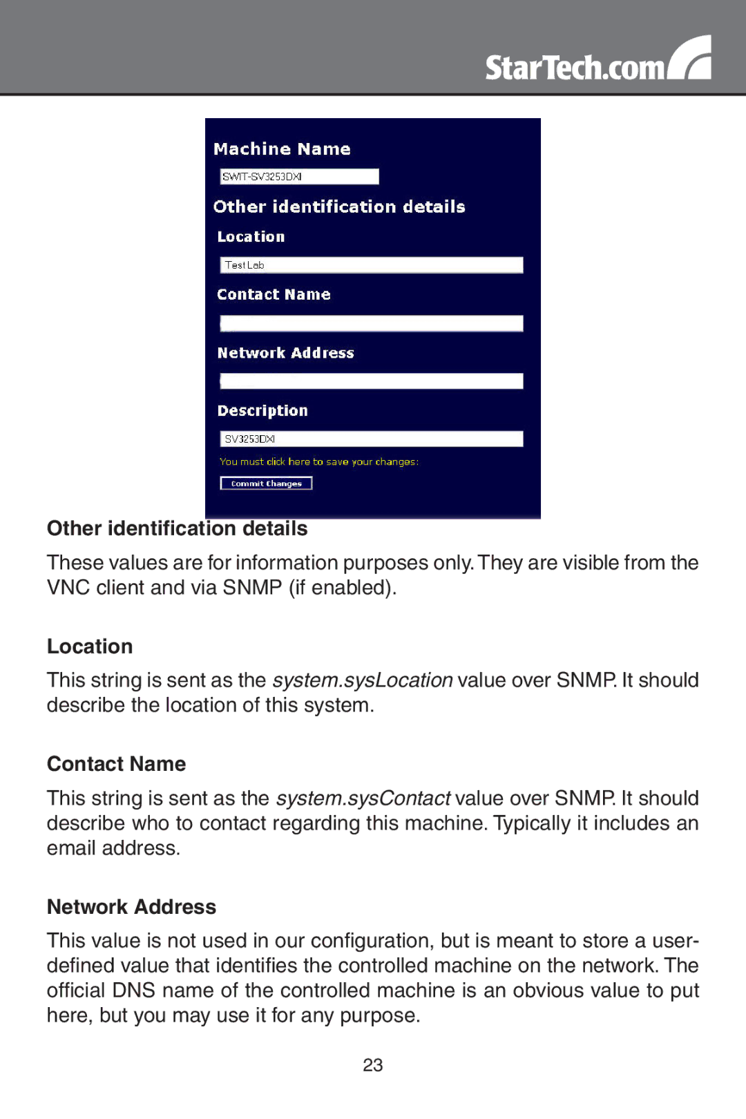 StarTech.com SV3254DX4I, SV1654DX4I instruction manual Other identification details, Location, Contact Name, Network Address 