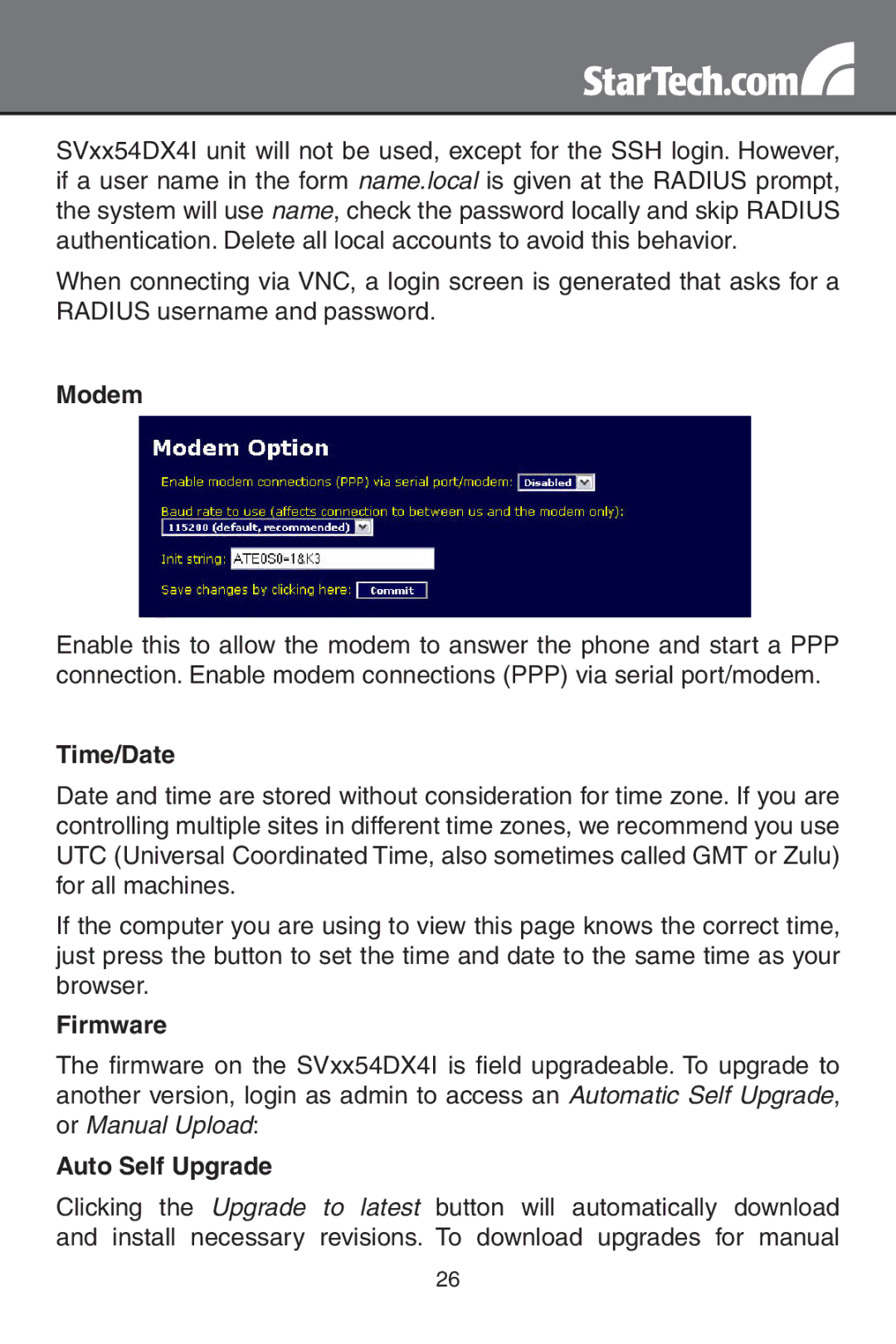 StarTech.com SV1654DX4I, SV3254DX4I instruction manual Modem, Time/Date, Firmware, Auto Self Upgrade 