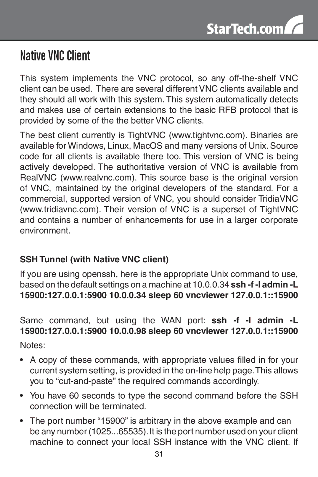 StarTech.com SV3254DX4I, SV1654DX4I instruction manual Native VNC Client, SSH Tunnel with Native VNC client 