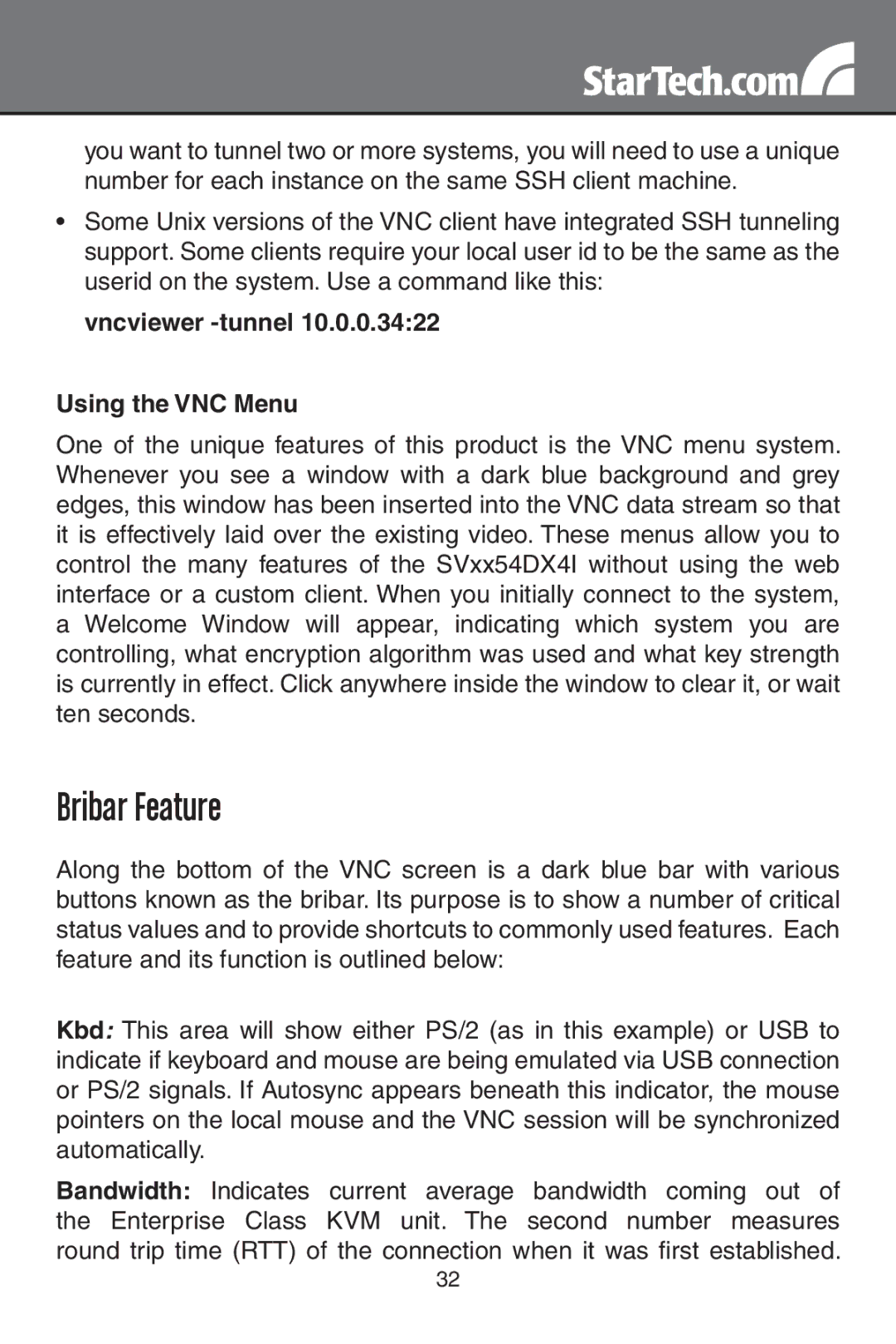 StarTech.com SV1654DX4I, SV3254DX4I instruction manual Bribar Feature, Vncviewer -tunnel Using the VNC Menu 