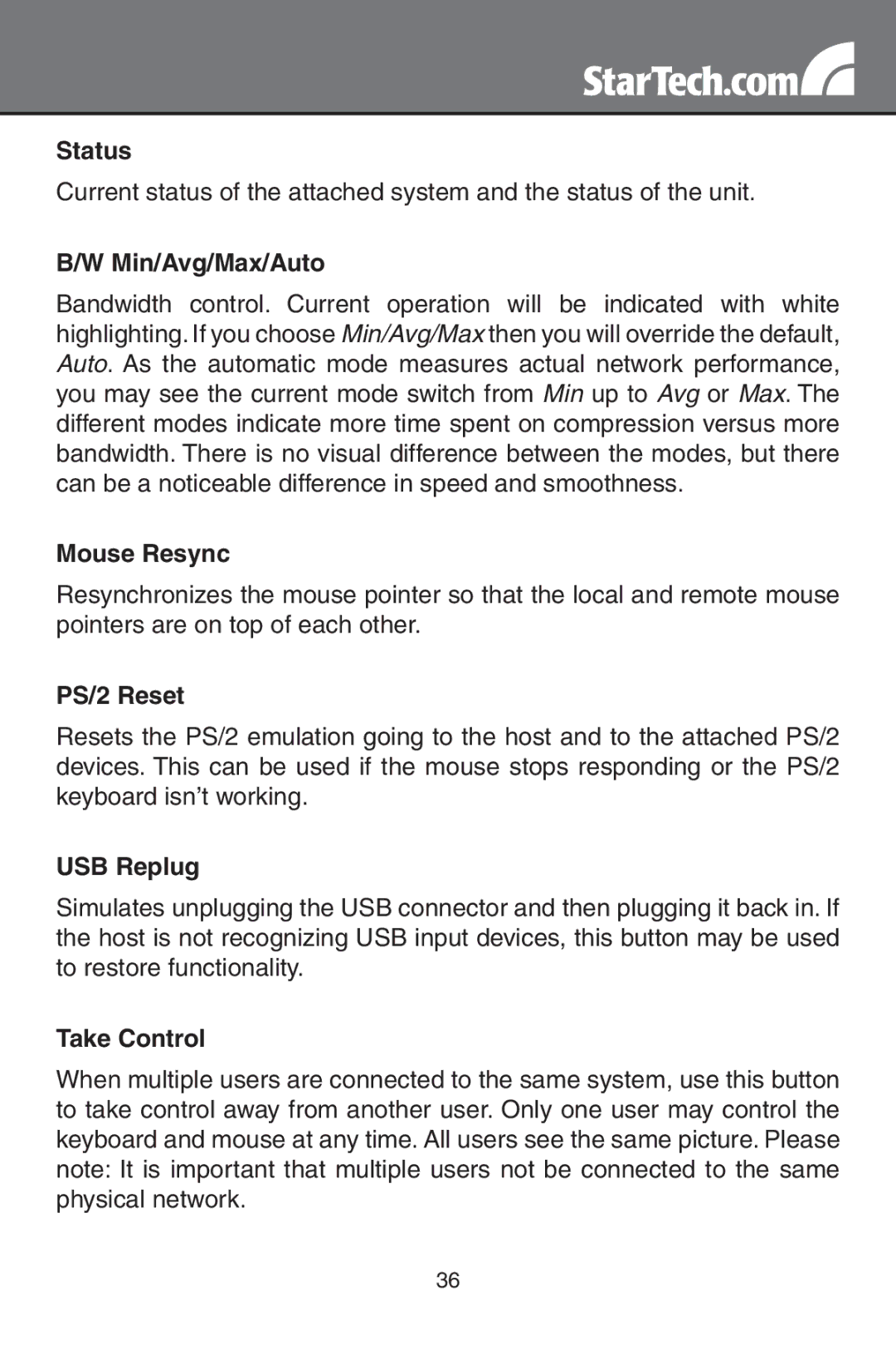 StarTech.com SV1654DX4I, SV3254DX4I instruction manual Min/Avg/Max/Auto, Mouse Resync, PS/2 Reset, USB Replug, Take Control 