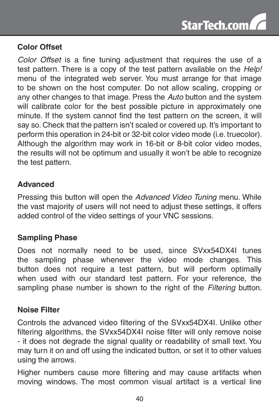 StarTech.com SV1654DX4I, SV3254DX4I instruction manual Color Offset, Advanced, Sampling Phase, Noise Filter 