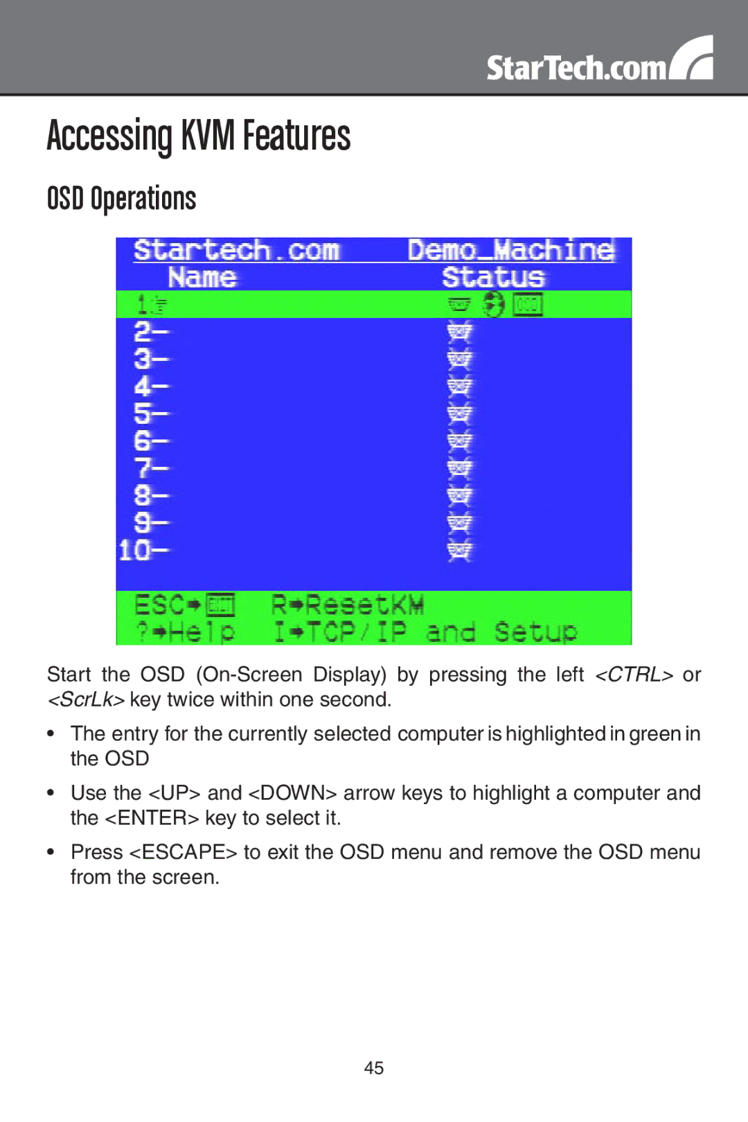 StarTech.com SV3254DX4I, SV1654DX4I instruction manual Accessing KVM Features, OSD Operations 