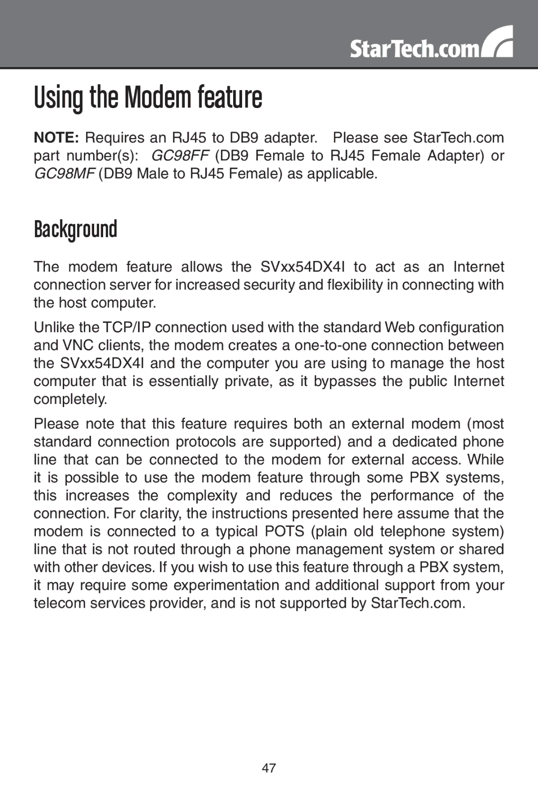 StarTech.com SV3254DX4I, SV1654DX4I instruction manual Using the Modem feature, Background 